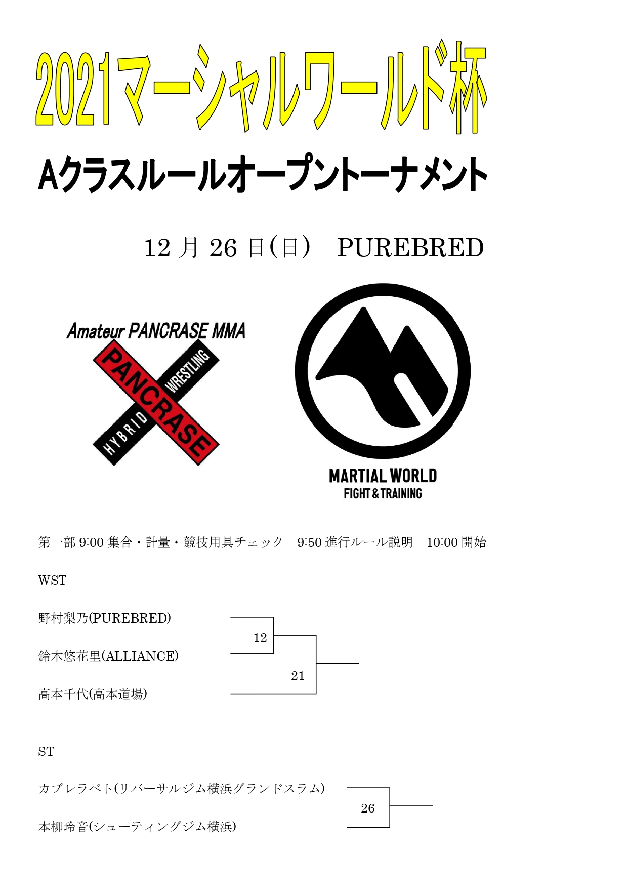 大会情報 21年12月26日 日 マーシャルワールド杯21aクラスルールオープントーナメント Purebred Amateurpancraseamateurpancrase